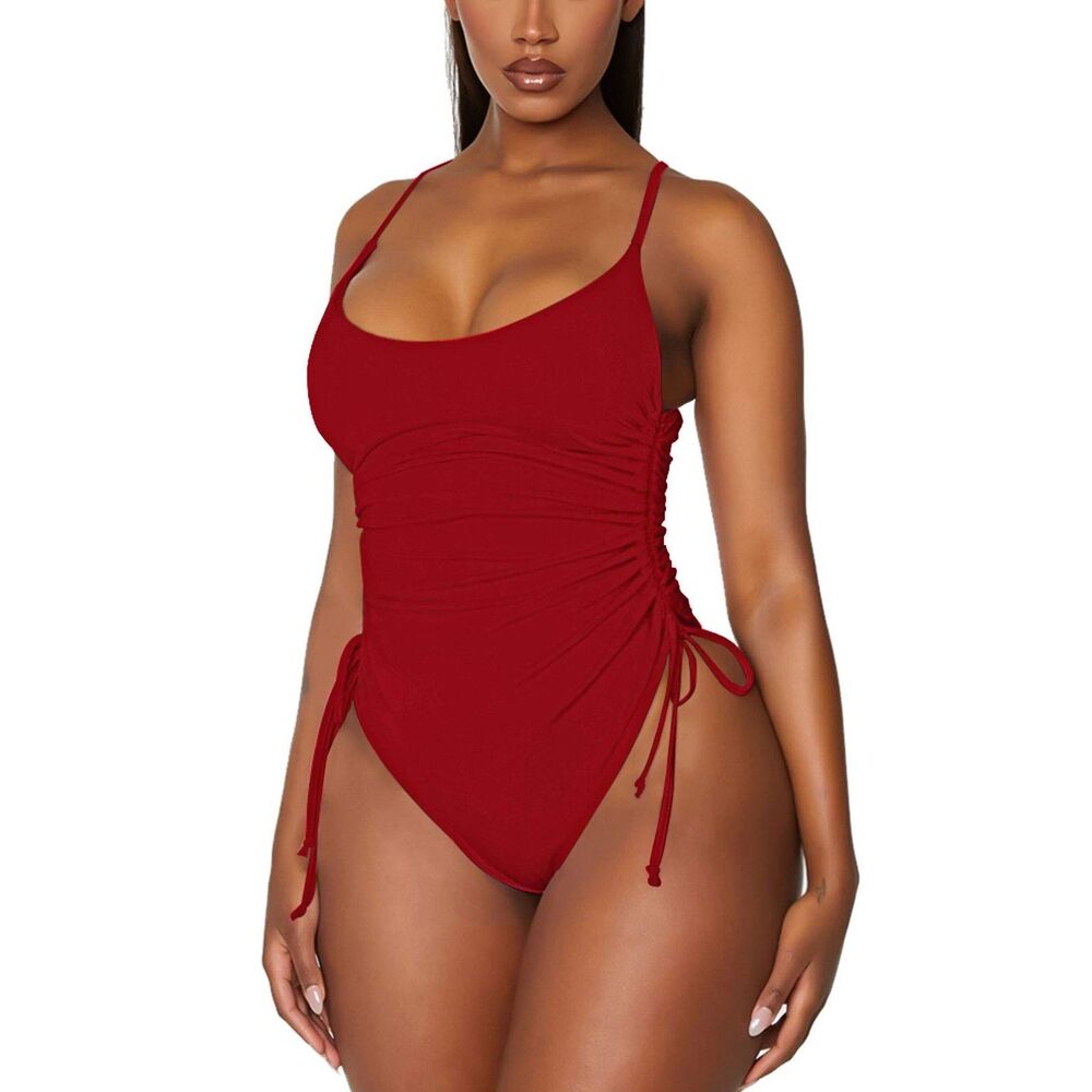 Women's Ruched Drawstring One Piece Swimsuit High Cut Bathing Suit Red XL NWOT